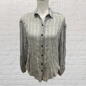 Free People Grey Plaid Ruffle Shoulder Button Down Long Sleeve Blouse Size XS